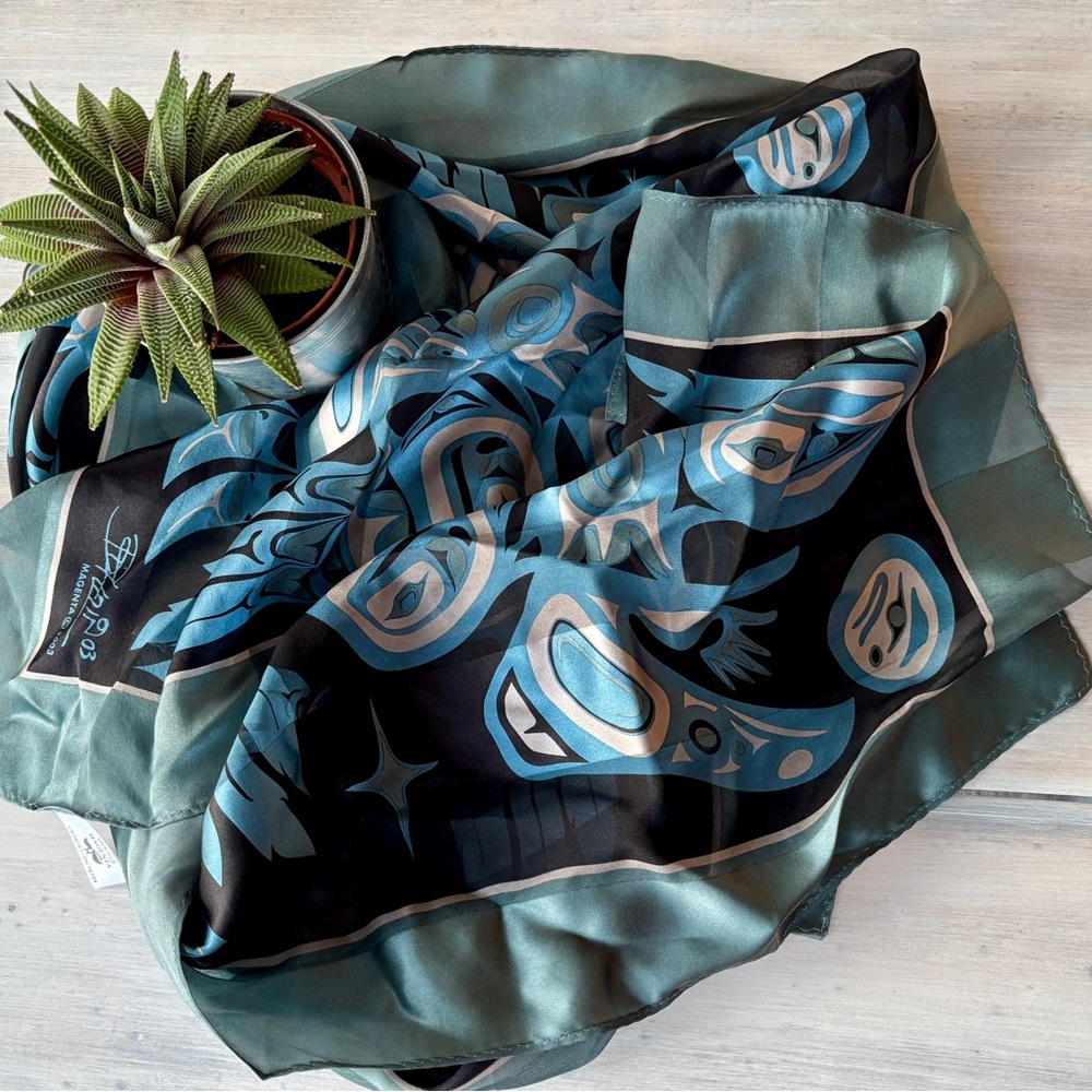 Magenta Silk Satin Stripe Scarf with Blue Black Pattern, by artist Bill Helin